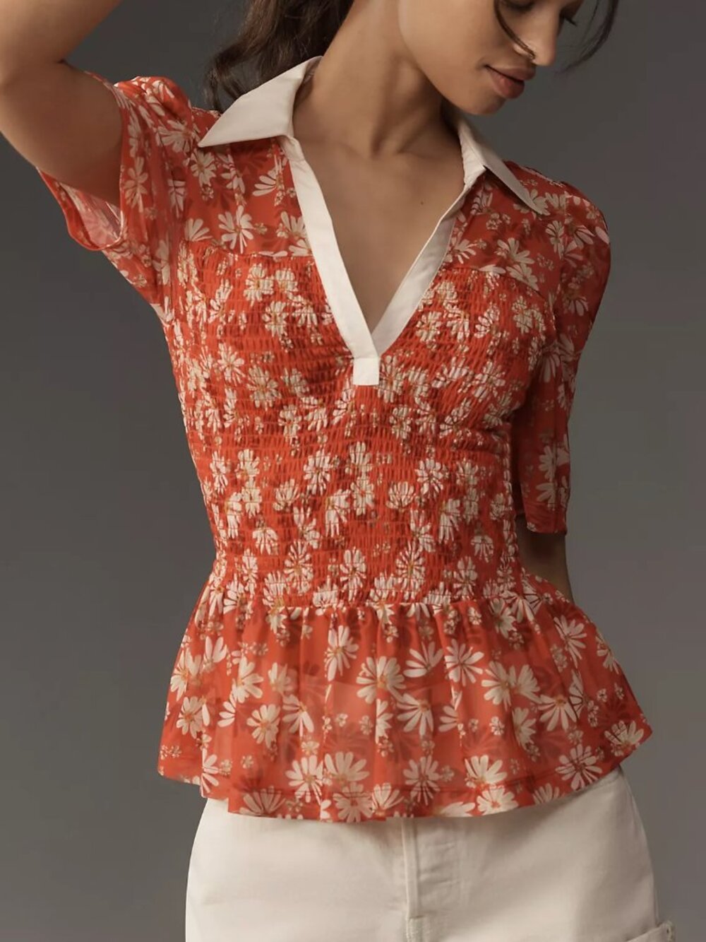 Anthropologie Maeve Short-Sleeve Smocked Polo Top